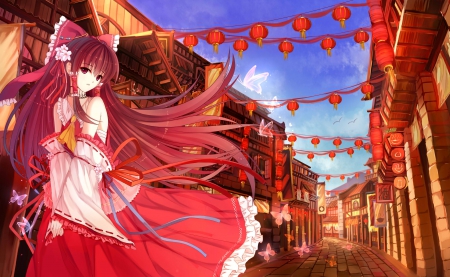 ChinaTown - anime, hakurei, female, scenery, scene, long hair, home, touhou, reimu, hakurei reimu, sky, house, anime girl, beautiful, hot, girl, sceneic, beauty, brown hair, lantern, cloud, cute, sexy, building