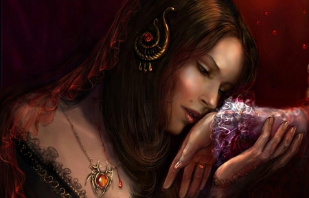 Veneration - girl, veneration, beauty, pink, jewel, dark, vampire, black, fantasy, necklace, redhead, red, woman, golden, art