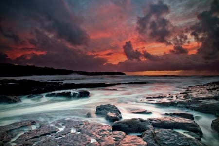 Irish Coast Sunset - sky, sunrays, water, clouds, beach, stones, sea, colors