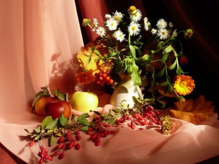 Fall Still Life - apples, flowers, still life, nature, fall season