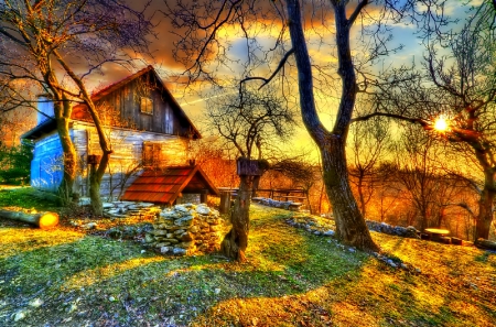 Autumn - trees, cabin, autumn, red, photo