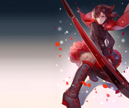 Ruby Rose - female, hot, ruby rose, emotional, simple, anime girl, ruby, angry, brown hair, sinister, anime, cute, short hair, sexy, mad, girl, warrior, rwby, hd, red, plain, weapon, serious