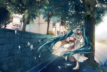 Hatsune Miku - anime, vocaloid, female, twintails, girl, hatsune miku, street, solo, manga, aqua hair