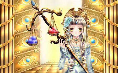 Sin's Keeper - nice, female, hot, anime girl, crown, scale, crystal, sparks, pretty, anime, golden, cute, maiden, jewelry, sexy, girl, jewel, long hair, royalty, lovely, gold, sweet, dress