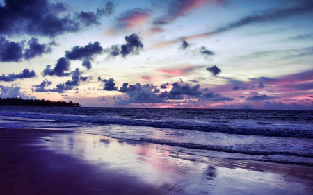 wonderful purple sunset - purple, clouds, beach, sunset, sea, waves