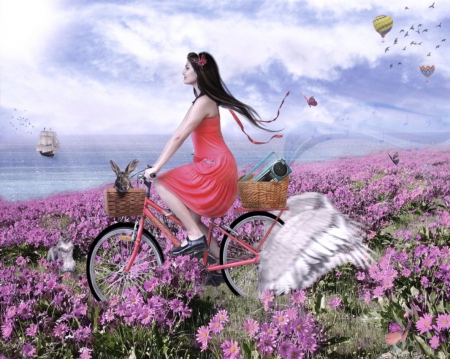 Sunny Day - lady, wings, field, sunnyday, bicycle