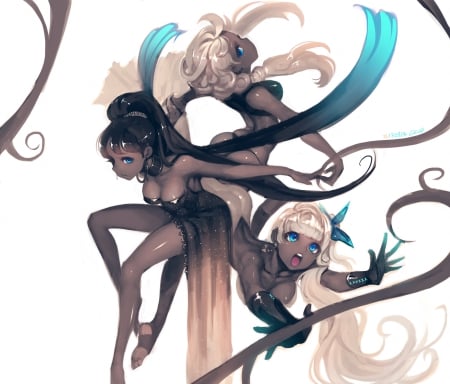 Witches - girls, beauty, magic, long hair, black, lovely, white, pretty, blue, beautiful, anime, sweet, ribbon, witches, cute