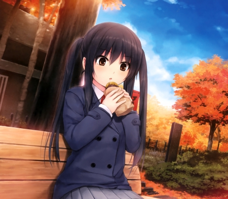 Yummy Snack - nice, azusa, female, hot, delicious, twintail, bench, anime girl, black hair, k on, pretty, k-on, anime, food, twin tail, cute, sexy, yummy, nakano azusa, girl, twintails, long hair, hungry, lovely, eat, kawaii, twin tails, nakano, kon, sweet