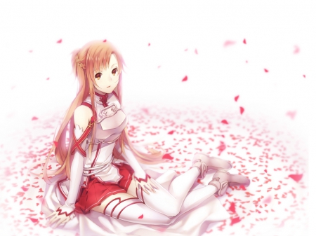 Yuuki Asuna - pretty, female, blossom, maiden, armor, yuuki, sword art online, sao, nice, gown, asuna, hot, yuuki asuna, beauty, flower, petals, knight, white, lady, cute, floral, sexy, ed, anime, kawaii, warrior, dress, long hair, red, anime girl, beautiful, girl, lovely, brown hair, sweet, asuna yuuki