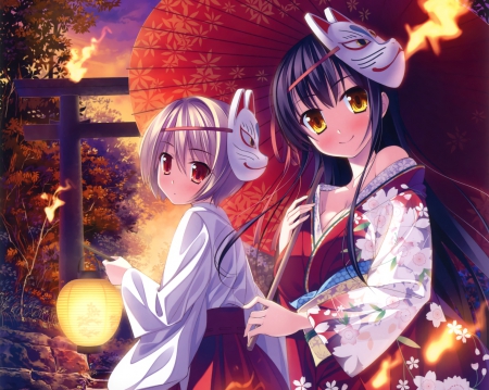 Night Time - pretty, anime, female, night, light, long hair, dark, short hair, shrine, mask, nice, anime girl, gate, hot, girl, kimono, lovely, sweet, yukata, lantern, cute, sexy