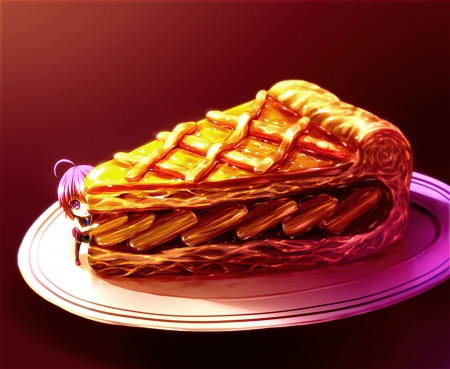 Big Pie - hungry, cute, delicious, plate, adorable, yummy, huge, tiny, small, 3d, food, pie, pretty, kawaii, sweet, anime, hd, cg, big, nice, lovely, chibi, realistic