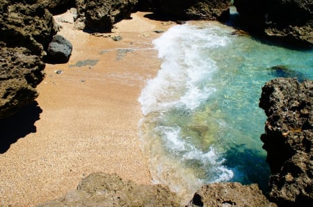 Green Ocean - rock, sand, wave, sky