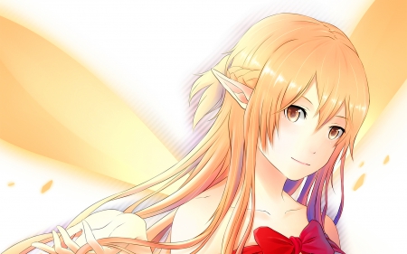 Sword Art Online - Manga, Yuuki, Anime Girl, Asuna Yuuki, Smile, Lovely, Anime, SAO, Ribbon, Asuna, Happy, Long Hair, Emotional, Elf, Bow, Sword Art, Amazing, Fun, Awesome, Beautiful, Pretty, Sword Art Online, Playful, Gorgeous, Sexy