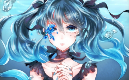 Hatsune Miku - hatsune miku, sad, water, black, underwater, vocaloid, blue, red, anime, cute, manga, flower