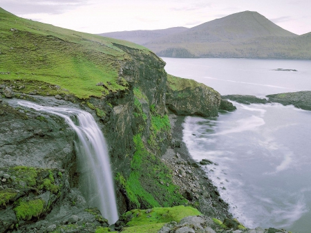 Faroe Island Waterfall, Denmark - Ocean, Island, Denmark, Waterfall