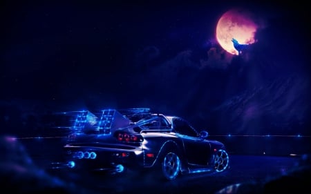 Fantasy - moon, blue, wolf, mazda, night, pink, dark, black, fantasy, car