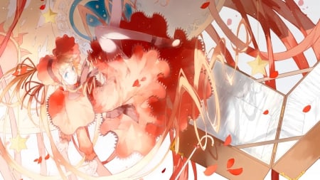 Rozen Maiden - hat, emotional, anime girl, amazing, blond hair, gorgeous, pretty, blonde hair, anime, ribbon, manga, sexy, shinku, blue eyes, long hair, rozen maiden, lovely, red dress, bow, beautiful, awesome, dress