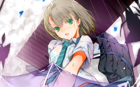 Original - Cute, Manga, Sweet, Anime Girl, Lovely, Brown Hair, Green Eyes, Anime, Emotional, Uniform, Amazing, Awesome, Raining, Beautiful, Pretty, Umbrella, Rain, Gorgeous, Original, Short Hair, Sexy