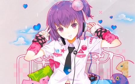 Original - fun, emotional, music, anime girl, amazing, gorgeous, pretty, anime, purple eyes, cute, short hair, manga, purple hair, lovely, original, playful, beautiful, headphones, sweet, uniform, smile, awesome, happy