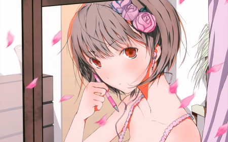 Original - emotional, music, anime girl, brown hair, red eyes, gorgeous, amazing, pretty, petals, anime, cute, short hair, manga, sexy, original, lovely, beautiful, headphones, sweet, awesome