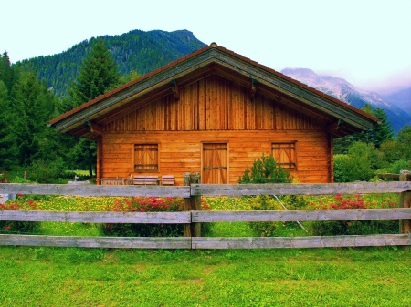 Pretty mountain house - pretty, cabin, grass, home, mountain, flowers, garden, peak, yard, nice, hut, cottage, sky, house, beautiful, lovely, fence, wooden, nature, peaceful