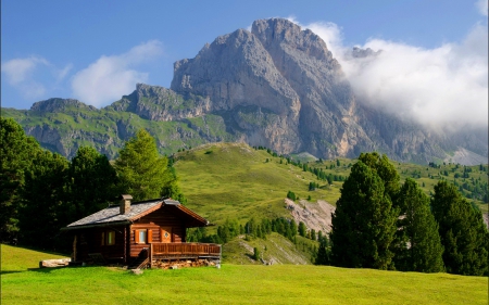 Val Gardena-Italy - nice, cottage, hut, sky, italy, val gardena, rocks, vacation, mountainscape, house, grass, mountain, hills, wooden, lovely, peaks, lonely, beautiful, rest, cabin