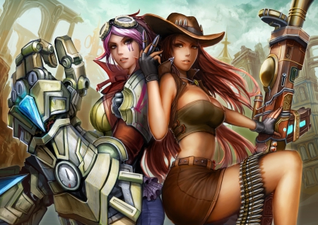 Vi and Caityln - cait, sheriff, lol, piltover, league of legends, pink hair, vi, caitlyn