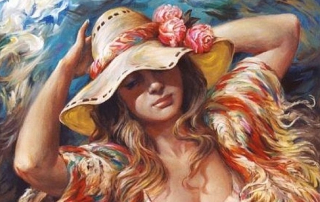 Girl with Summer Hat - woman, hat, girl, summer, wallpaper, fantasy, lovely, painting, art, beautiful, flowers, digital