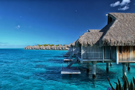 Moorea Water bungalows - villas, lagoon, blue, beach, island, polynesia, south pacific, tahiti, moorea, atoll, exotic, paradise, luxury, bungalows, water, sea, resort, ocean, tropical