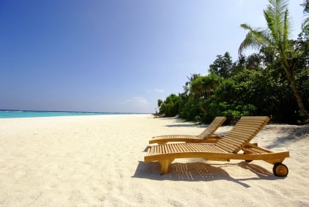 Paradise Beach - loungers, beach, sea, island, polynesia, ocean, sand, tahiti, islands, tropical, bora bora, exotic, paradise