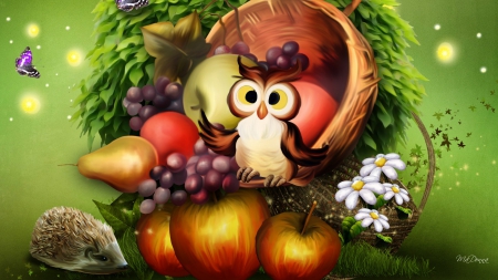 Harvest Fairy Tale - summer, harvest, whimsical, leaves, flowers, owl, fall, apples, gapes, autumn, fruit, butterfly, cute, pears