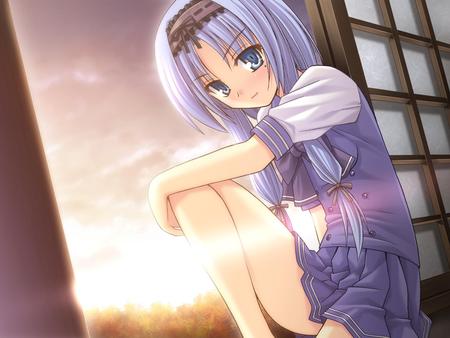 Showing Leg - blush, window, anime, anime girl, sunset