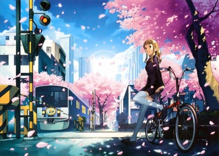 Waiting - anime, anime girl, female, cherry blossom, sakura, girl, city, tree, bike, school uniform, train, cute, bicycle, building, school girl