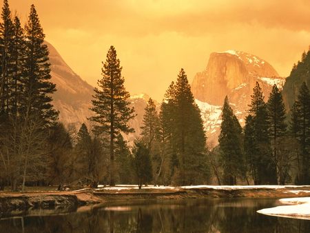 Half Dome and the Merced River Yosemite National Park California - dome, california, grasslands, national, lagoons, white, lakes, reflections, amazing, yellow, cool, reflected, merced, paysage, frozen, land, grass, pond, amusement parks, landscape, mounts, peaks, scenario, nature, yosemite, snow, beautiful, mirror, pines, nice, sunrises, sky, trees, parks, water, mountains, black, clouds, sunsets, orange, green, rivers, icy, usa, scene, half, landscapes, ice, paisagem, forests, waterscape, paisage, plants, gold, scenery, awesome, gray, amber