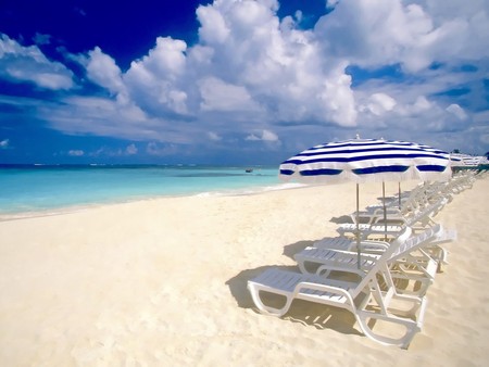 Shoal Bay Beach Anguilla - sky, beach, fluffy, sun, water, chairs, aqua blue water, wind, white, calm, gorgeous, shoal bay, clouds, umbrella, sand, ocean, sugar sand, landscape, daylight, day, anguilla, shore, exotic, nature, relaxing, chair, blue, warm, lawn chairs, beautiful, island, sea