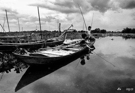 black and white - sky, lake, boat