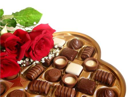 Red Roses and Chocolates - red, flower, sweet, love, red roses, box, roses, heart shaped box, chocolates, hearts