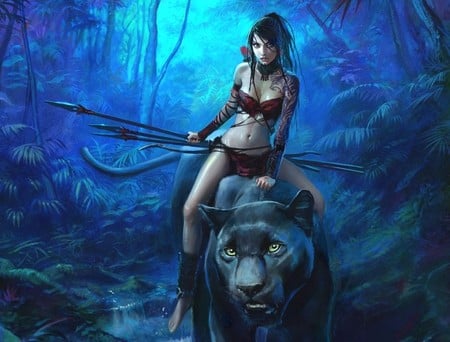 Hunter - panther, hunter, fantasy, girl, night, blue