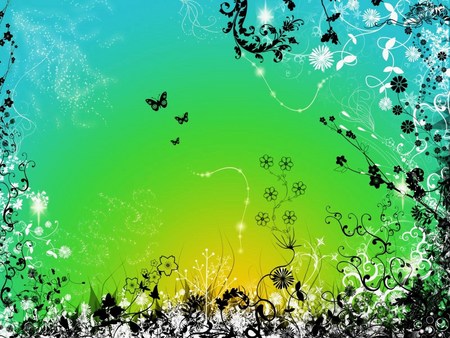 Wild Magic - abstract, yellow, blue, butterflies, vector, light, flowers, green, butterfly, floral