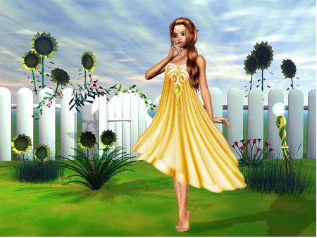 Fairy Elf - abstract, fantasy, sunflowers, fairy elf, grass, fence, sky