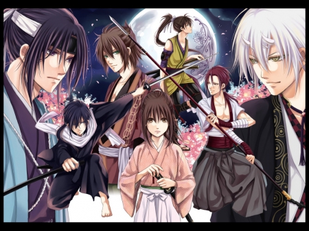 Hakuouki Shinsengumi Kitan - anime, female, warrior, team, long hair, boy, male, short hair, group, Hakuouki Shinsengumi Kitan, katana, weapon, moon, anime girl, hot, girl, sword, friend, cool, samurai, blade, Shinsengumi, handsome, Hakuouki, cute, sexy