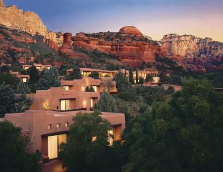 Enchantment Resort Sedona California - evening, red, hotel, desert, spa, rock, enchantment, resort, architecture, mid century, sunset, modern, california, dusk, sedona, mountains, building