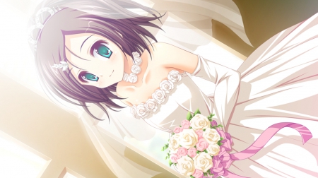 ♡ Bride ♡ - pretty, anime, elegant, kawaii, divine, female, dress, sublime, short hair, gorgeous, nice, bride, gown, anime girl, beautiful, hot, wedding, girl, beauty, lovely, sweet, flower, bouquet, cute, floral, sexy