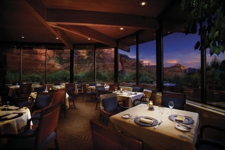 Restaurant Enchantment Resort Sedona California - romantic, evening, dine, red, twilight, dining, hotel, desert, rock, enchantment, resort, mid century, sunset, modern, california, dusk, sedona, mountains, restaurant