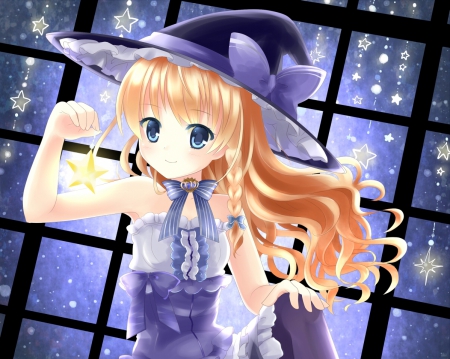 Little Star - gown, blond hair, maiden, beautiful, blonde, anime girl, girl, sparks, blond, blonde hair, lady, hat, sundress, glow, pretty, beauty, sweet, anime, dress, long hair, nice, cap, lovely, star, female