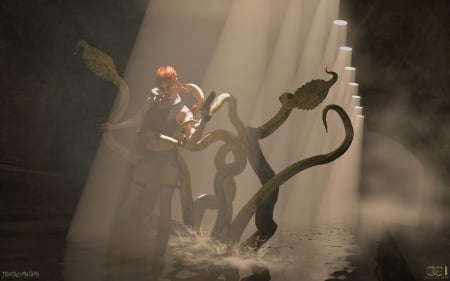 TentacuraLara - kraken, adaventure, tentacle, monster, fanart, lara, fight, battle, beast, game, sewer, octopus, creature, action, croft