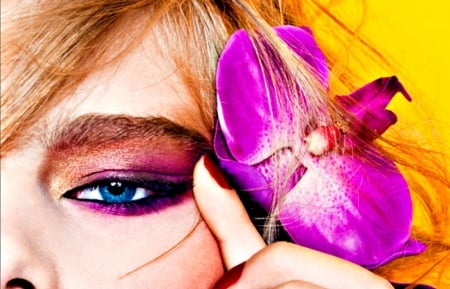 Valerie Van Der Graaf - woman, girl, blue eye, orchid, valerie van der graaf, make-up, model, yellow, pink, flower