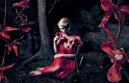 Valerie Van Der Graaf - woman, autumn, girl, orchid, valerie van der graaf, black, model, red, pink, tree, blonde, flower