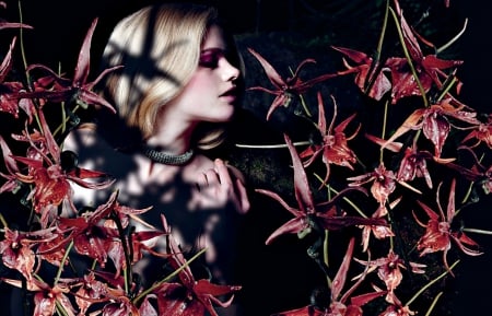 Valerie Van Der Graaf - woman, autumn, girl, orchid, valerie van der graaf, black, model, red, pink, blonde, flower