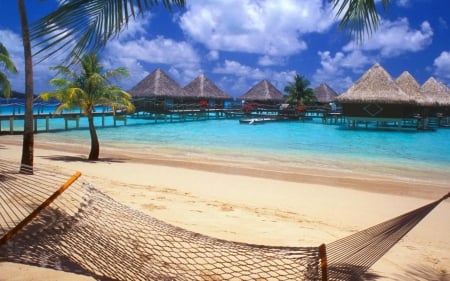 Bora Bora - clouds, palms, summer, vacation, beach, hammock, sea, ocean, Bora Bora, nature, SkyPhoenixX1, picture, cabins, paradise, sky, wallpaper